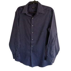Claiborne Mens Slim Fit No Iron Dress Shirt Size 32 Navy Blue Striped